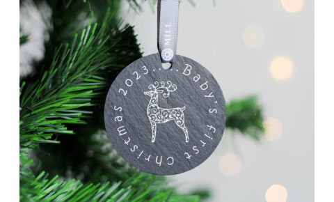 Baby's first christmas Reindeer Welsh Slate Decoration